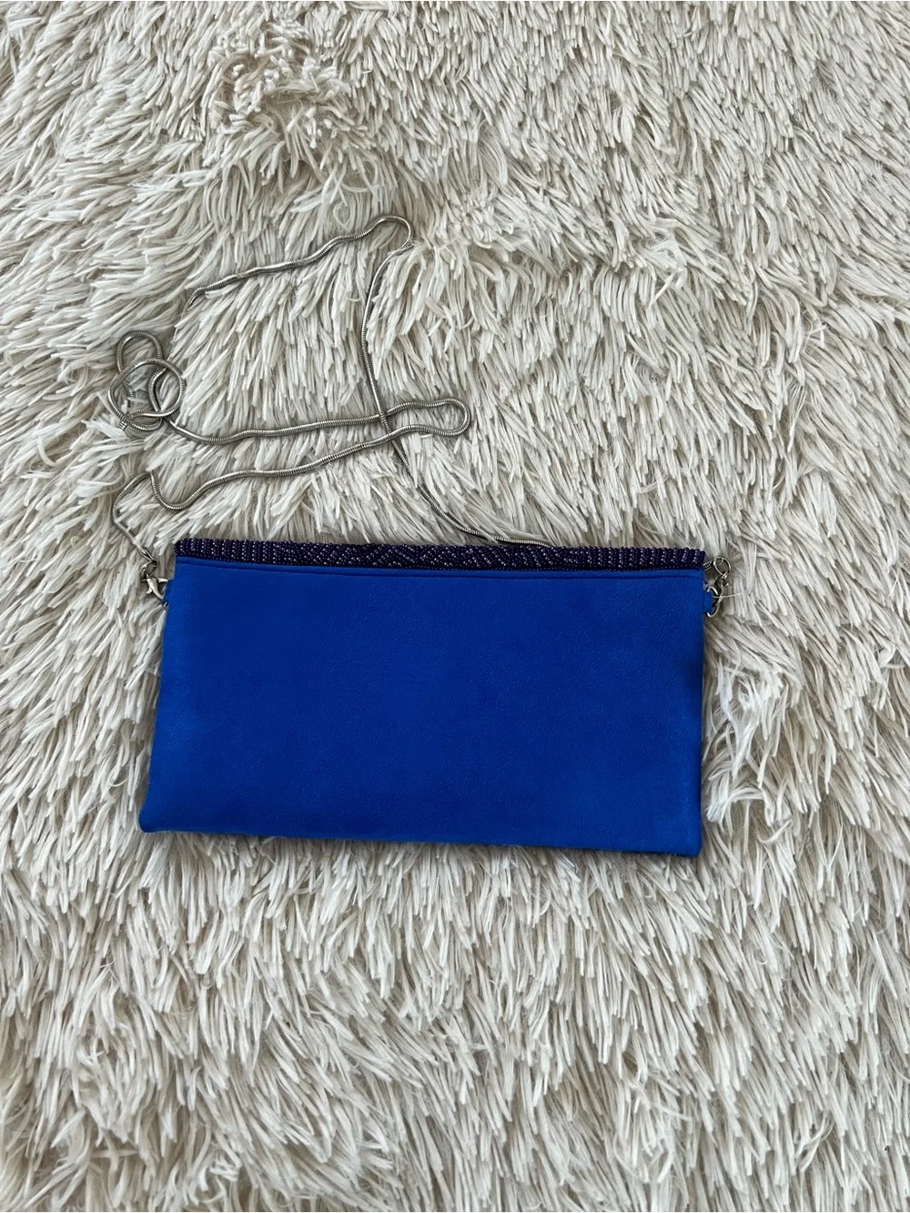 Lulu's Purple Beaded Evening Clutch with Silver Chain